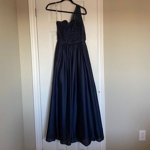 Belsoie navy blue satin & rhinestone dress